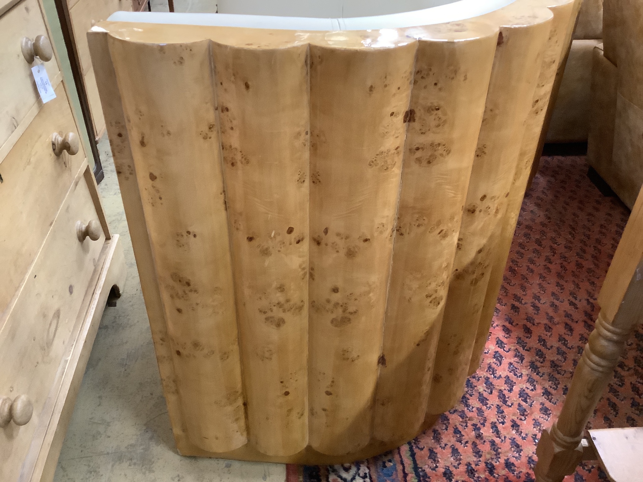 A pair of Art Deco style tub framed cream leather and maple chairs, width 84cm, depth 66cm, height 85cm